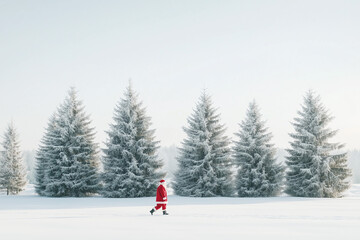 Santa Claus walking near a group of cypress trees