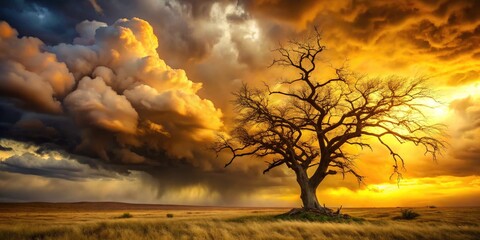 Dark, foreboding clouds gather above a twisted, barren tree, set against a sickly yellow sky, evoking a sense of impending doom and forewarning.