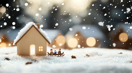 Fototapeta premium Snow gently falling on a Christmas village as a family takes a sleigh ride through the town, Christmas village snow family, festive sleigh ride