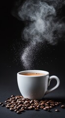 Fototapeta premium Hot coffee brews in a white cup as sugar crystallizes into the air, adding sweetness to the aromatic beverage
