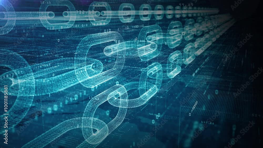 Poster futuristic digital blockchain concept with interconnected data chains on a blue tech background, rep