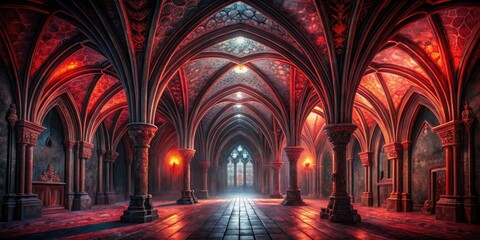 Dark, mystical red Gothic-inspired background featuring ornate, intricate stone patterns, vaulted arches, and mysterious, eerie ambient lighting, evoking a sense of ancient, haunting beauty.