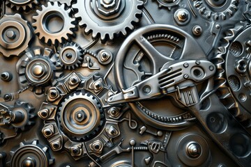 Complex metallic mechanism with interlocking gears working together