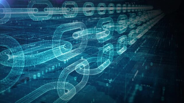Futuristic digital blockchain concept with interconnected data chains on a blue tech background, representing data security and decentralized networks. Technology motion abstract background