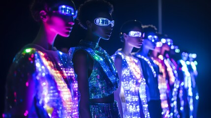 54. A futuristic runway with models in dynamic, tech-infused outfits showcasing interactive and reactive textile designs