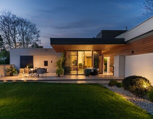 In the evening, a contemporary home with a lawn and patio exudes a tranquil ambiance, offering a serene retreat from the day's hustle and bustle