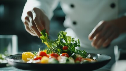 Chef s close up  crafting exquisite food garnishing for fine dining and culinary artistry