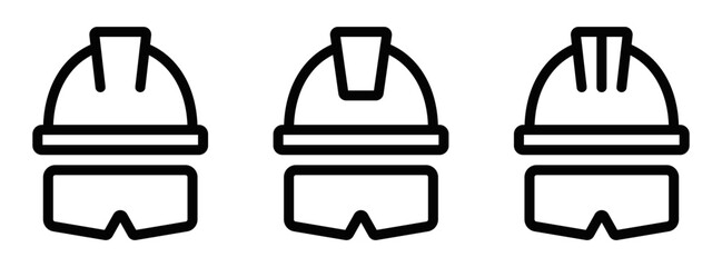 Vector set of three safety helmets with goggles, representing worker safety, construction, or industrial protection. Editable stroke.