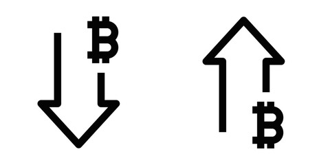 Vector illustration of Bitcoin price up and down arrows, symbolizing cryptocurrency market fluctuations, trading, and investment changes. Editable stroke. © OpaDesign