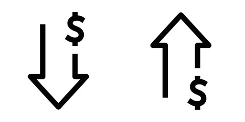 Vector illustration of dollar price up and down arrows, representing market trends, financial growth, and decline in currency trading. Editable stroke.