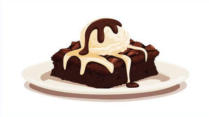 A playful depiction of a plate of brownies topped with a scoop of vanilla ice cream, melting slightly over the warm brownie, and drizzled with chocolate syrup, Illustration, Food C
