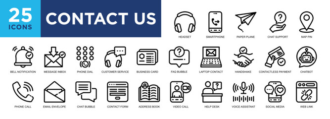 CONTACT US, call, online, communication, support, service icon set. icons collection. Simple vector illustration
