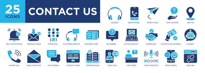 CONTACT US, call, online, communication, support, service icon set. icons collection. Simple vector illustration