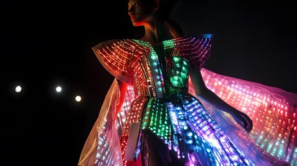 61. A high-tech fashion show featuring outfits with embedded LED displays and smart fabric...