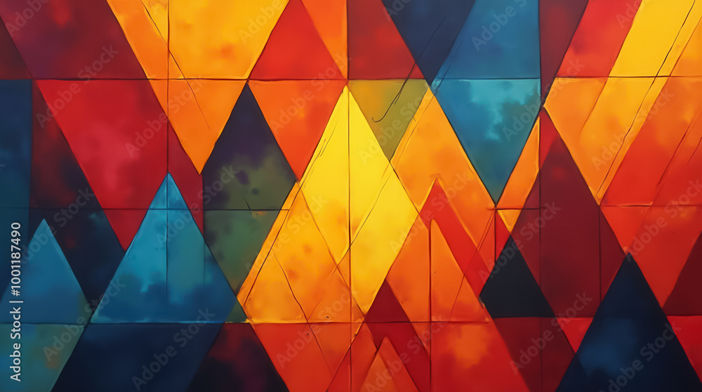 Poster an abstract arrangement showcases overlapping triangular shapes in vivid hues, creating an engaging 