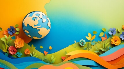 Naklejka premium Creative paper collage art featuring a vibrant globe and eco friendly humanity theme for projects