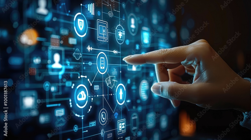 Poster hand touching a digital screen with icons of technology and online network connection, cloud storage