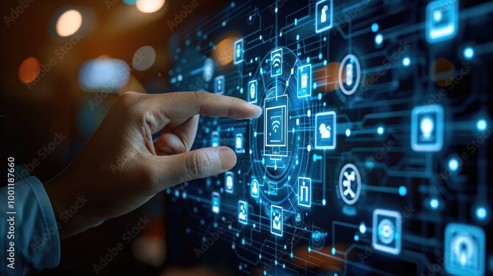 Leinwandbilder hand touching a digital screen with icons of technology and online network connection, cloud storage