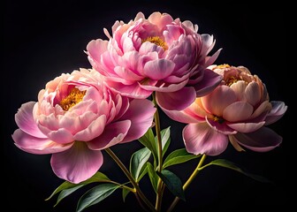 Fototapeta premium Delicate pink peony blooms against a dramatic black backdrop, its soft petals and golden center radiating elegance and sophistication in a striking monochromatic contrast.