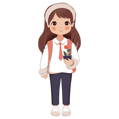 Cute school  little cartoon girl with a school backpack and plant vector illustration
