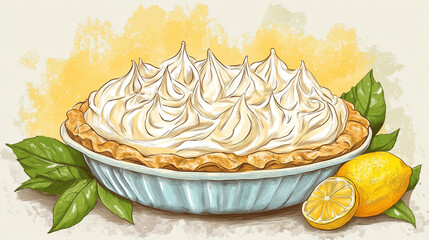 A hand-drawn illustration of a classic lemon meringue pie with golden peaks of meringue and a vibrant lemon filling, set on a vintage pie dish, Illustration, Food Concept