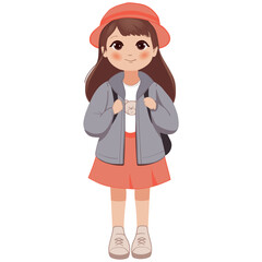 Cute school  little cartoon girl with school backpack