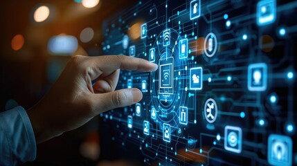 Hand touching a digital screen with icons of technology and online network connection, cloud storage, or security system on a dark blue background.