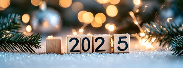 A photograph of the text "2025" written with wooden cubes on a blurred background, with golden bokeh lights