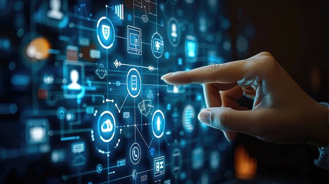 Hand touching a digital screen with icons of technology and online network connection, cloud storage, or security system on a dark blue background.