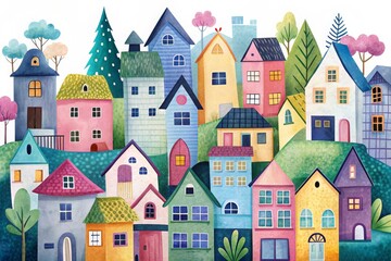 Cute whimsical illustration of colorful houses