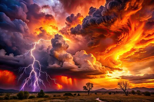 Dramatic apocalyptic landscape with fiery orange and purple skies, majestic clouds, and subtle lightning bolts, perfect for conveying themes of revelation and transformative change.