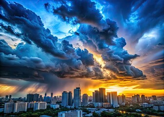 Fototapeta premium Dramatic stormy clouds gather behind a modern cityscape at sunset, with dark foreground and bright blue skies, perfect for weather background news graphics.