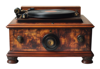 a record player on a wooden box. 