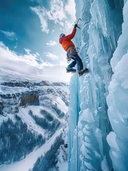 Fototapete A ice climber climbing on the side of ice wall. © visoot