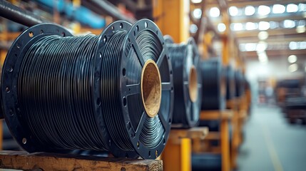 Close-up of industrial cable reels in a factory setting