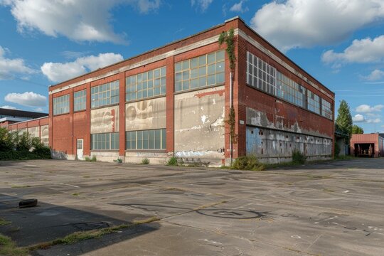 Old abandoned red brick warehouse building with broken windows is falling apart