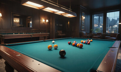 A billiard table with balls set up for a game in a dimly lit room