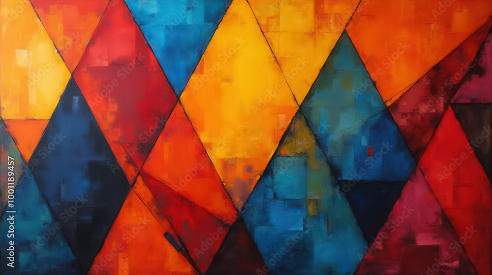Poster bold colors blend seamlessly in an abstract composition, featuring overlapping translucent triangles
