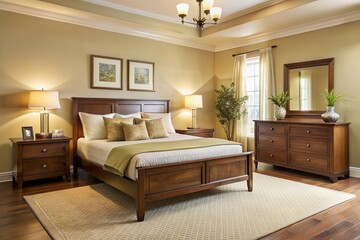 Elegant bedroom features a sturdy wooden bedframe, designer bedside tables with drawers, and a spacious chest of