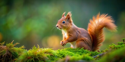 Majestic red squirrel frolicking in lush forest setting of Northumberland, England
