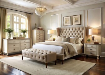 Fototapeta premium Elegant cream-upholstered bed with tufted headboard, complemented by matching bedside tables and a stylish dresser, in