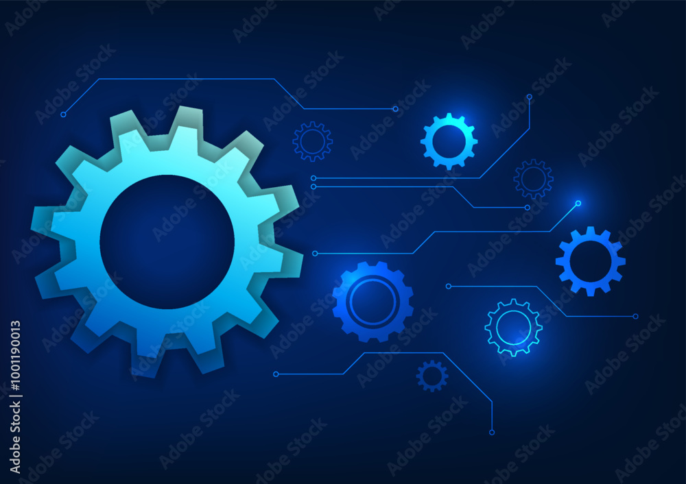 Poster technology background of drive, large gears connected to small gears through circuit lines, represen