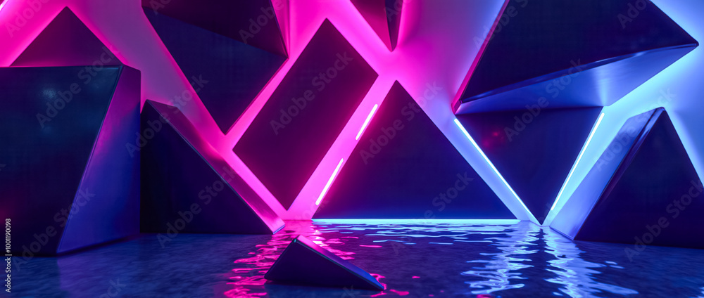 Poster a captivating abstract geometric design showcases sharp angles and vibrant neon lighting, creating a