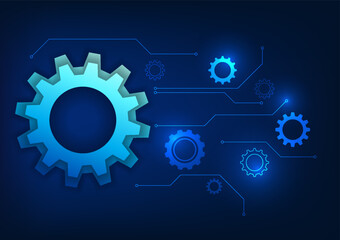 Technology background of drive, large gears connected to small gears through circuit lines, representing the collaboration and innovation in complex mechanical systems.
