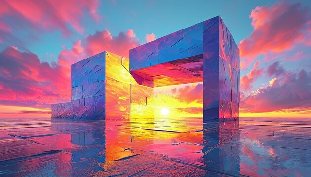 3D Abstract vast landscape of blocky geometric structures, their surfaces reflecting vibrant, sunset hues. Made with generative AI technology