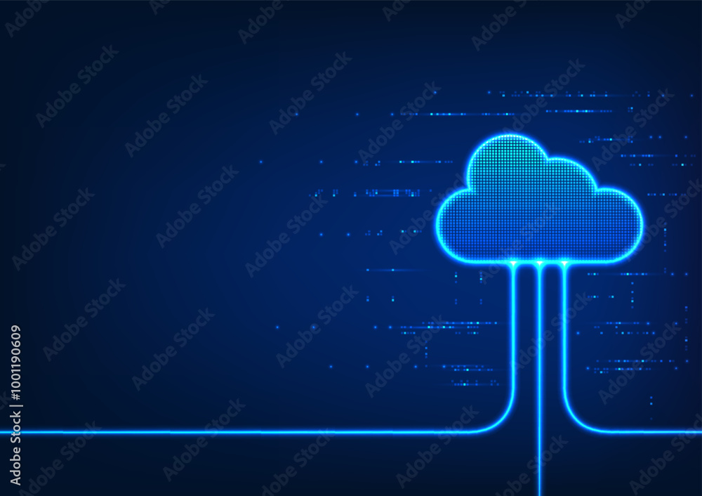 Poster cloud technology with light lines connecting, showing digital data transfer and data reception throu