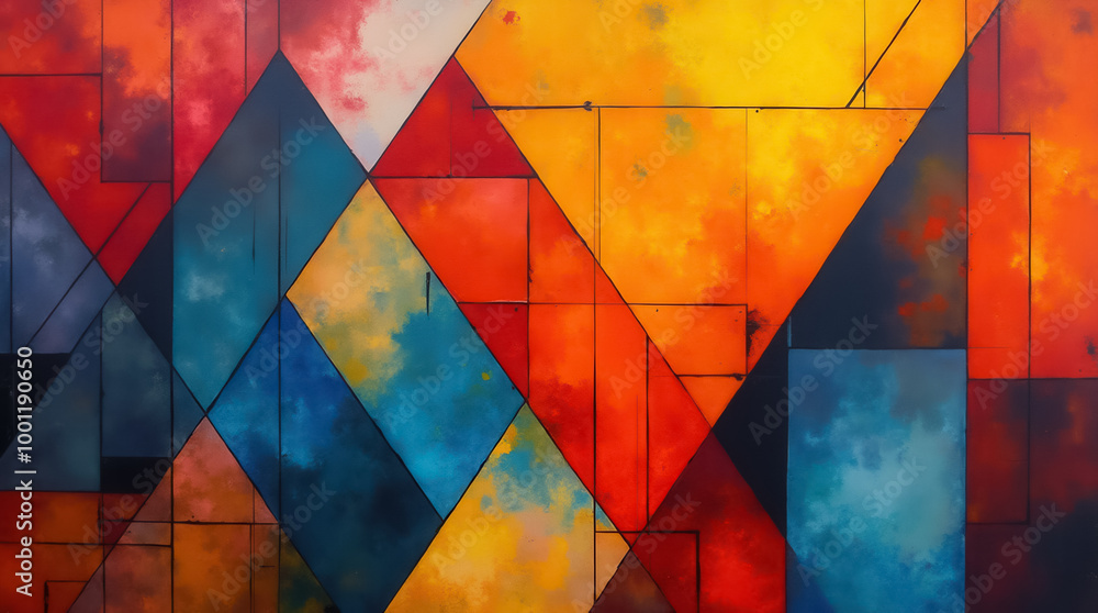Poster bold colors intertwine across the canvas, forming an abstract composition of translucent triangles. 