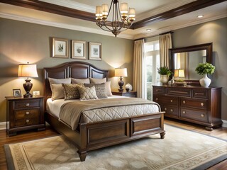 Elegant modern bedroom suite featuring a stately king-sized bed, matching nightstands, and dresser with ornate