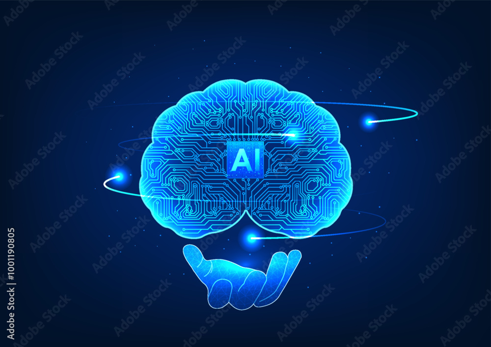 Poster engineer's hand holds a brain with electrical circuits and an ai chip in the center, representing th