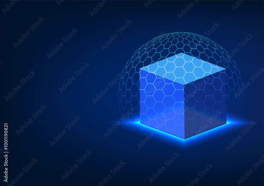 Poster blockchain technology featuring square block protect by a hexagonal shield. security and innovation 
